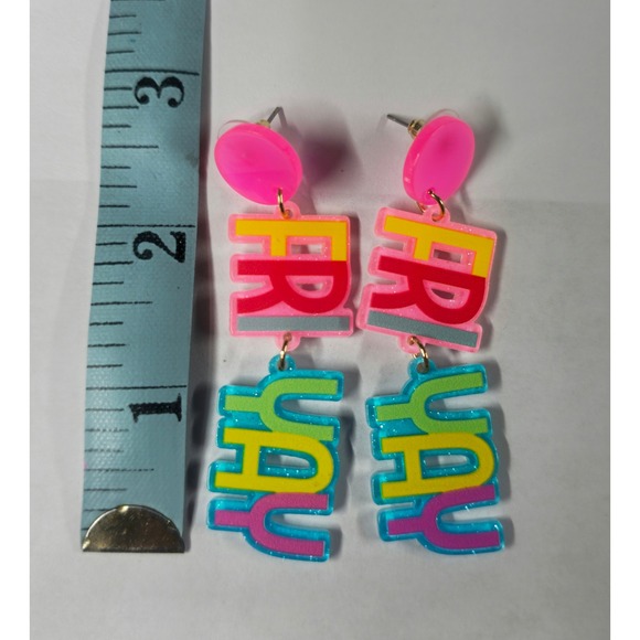 Fri-Yay Drop Earrings Multi-Color Neon Statement Dangles Retro Pop Art - Picture 3 of 8